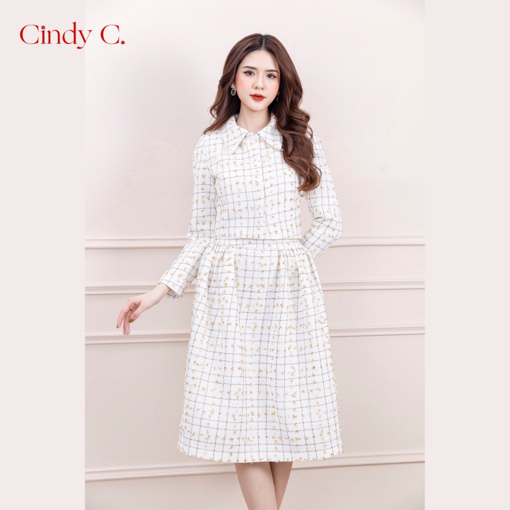 Set Áo khoác và chân váy Kendy CINDY C chất liệu Tweed trắng thanh lịch 248