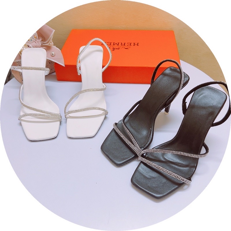 Sandal cao gót quai mảnh đá kép chéo chân hở mũi vuông gót nhọn đẹp nổi bật bắt mắt
