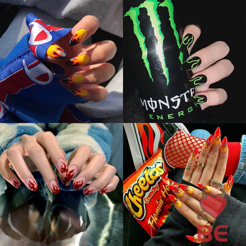 Set 24 móng tay giả họa tiết ngọn lửa cá tính chống thấm nước dễ tháo | BigBuy360 - bigbuy360.vn