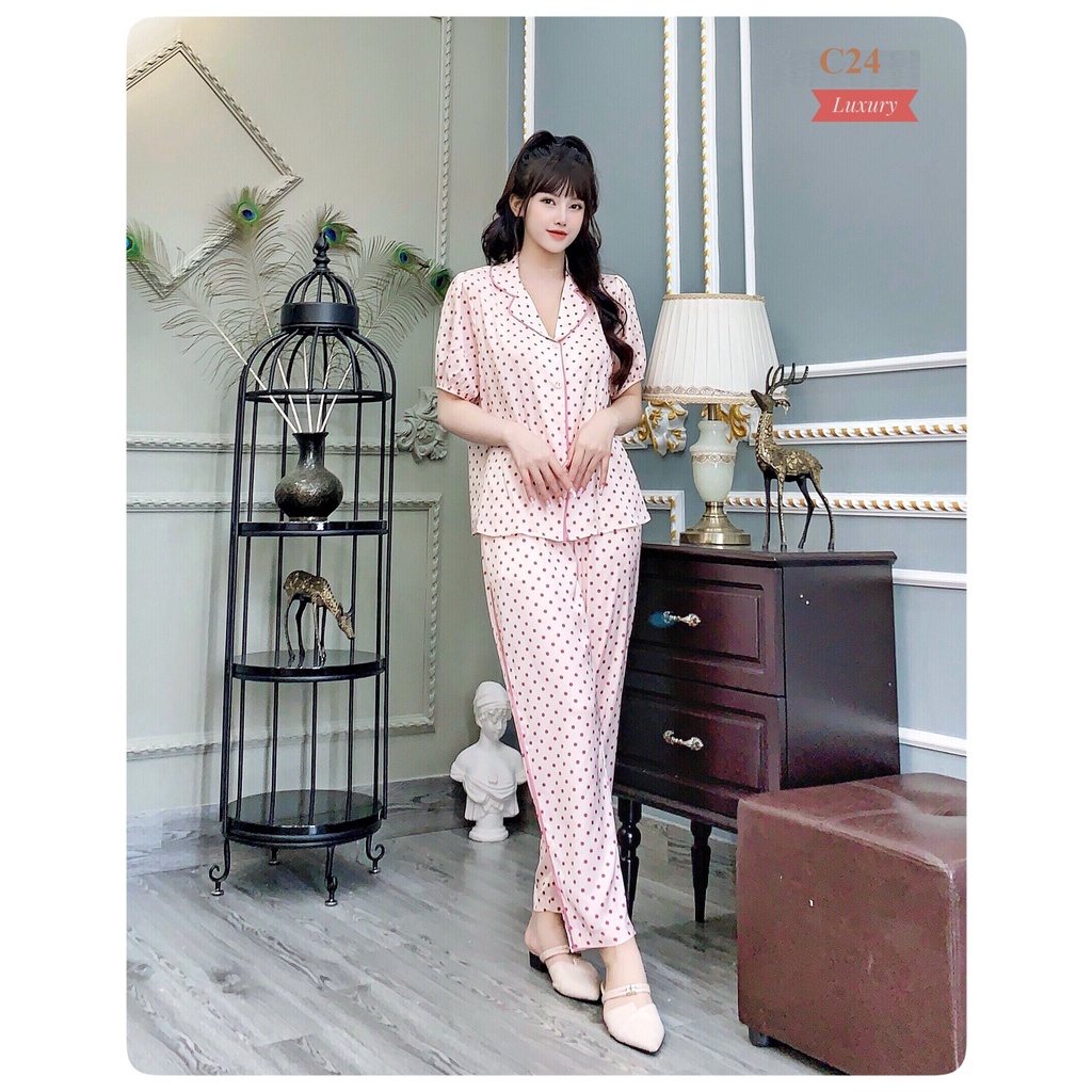 Bộ Ngủ Lụa, Đồ Bộ Pijama Lụa, Pijama Lụa, Đồ Ngủ Nữ, Bộ Lụa Mặc Nhà, Lụa Họa Tiết Chấm Bi Tay Bồng