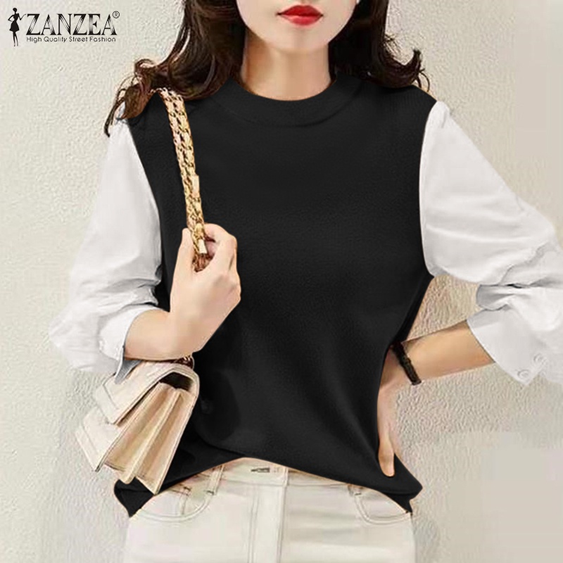 Áo sơ mi Zanzea tay dài cổ tròn màu tương phản thời trang tùy chọn màu sắc cho nữ