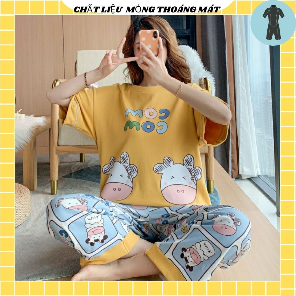 [ SẴN]Đồ bộ thun quần dài, đồ mặc ở nhà Quảng Châu, họa tiết hoạt hình bò sữa Comcom dễ thương