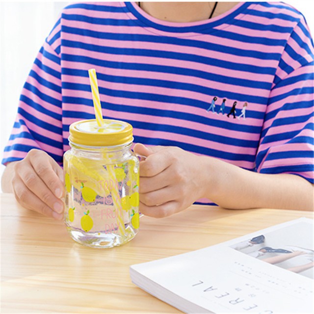 Cốc thủy tinh có nắp kèm ống hút, cốc thủy tinh có quai cầm dung tích 450ml | BigBuy360 - bigbuy360.vn