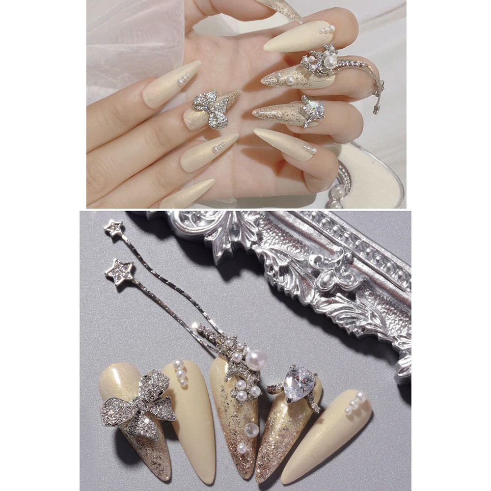 [Hàng mới về] Phụ kiện đính móng hình đôi cánh kỳ lân dây chuỗi màu bạc đính đá zircon phong cách Hàn Quốc