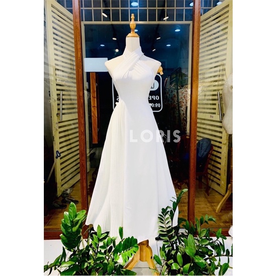 Đầm đi tiệc cổ yếm phối tà dập ly cánh quạt màu trắng đủ size | BigBuy360 - bigbuy360.vn