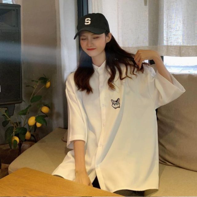 Áo sơ mi trắng thêu mèo