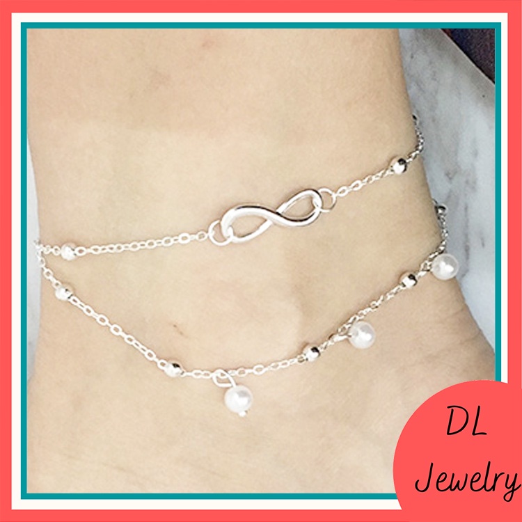 Lắc chân 2 dây,vòng chân đính hạt ngọc kèm mặt VÔ CỰC số 8 may mắn mạ vàng bạc DL.Jewelry
