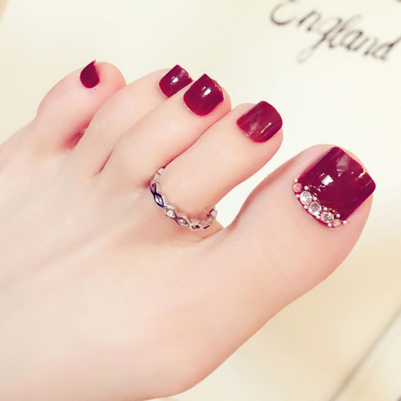 Set 24 Móng Chân Giả Đính Đá Màu Đỏ