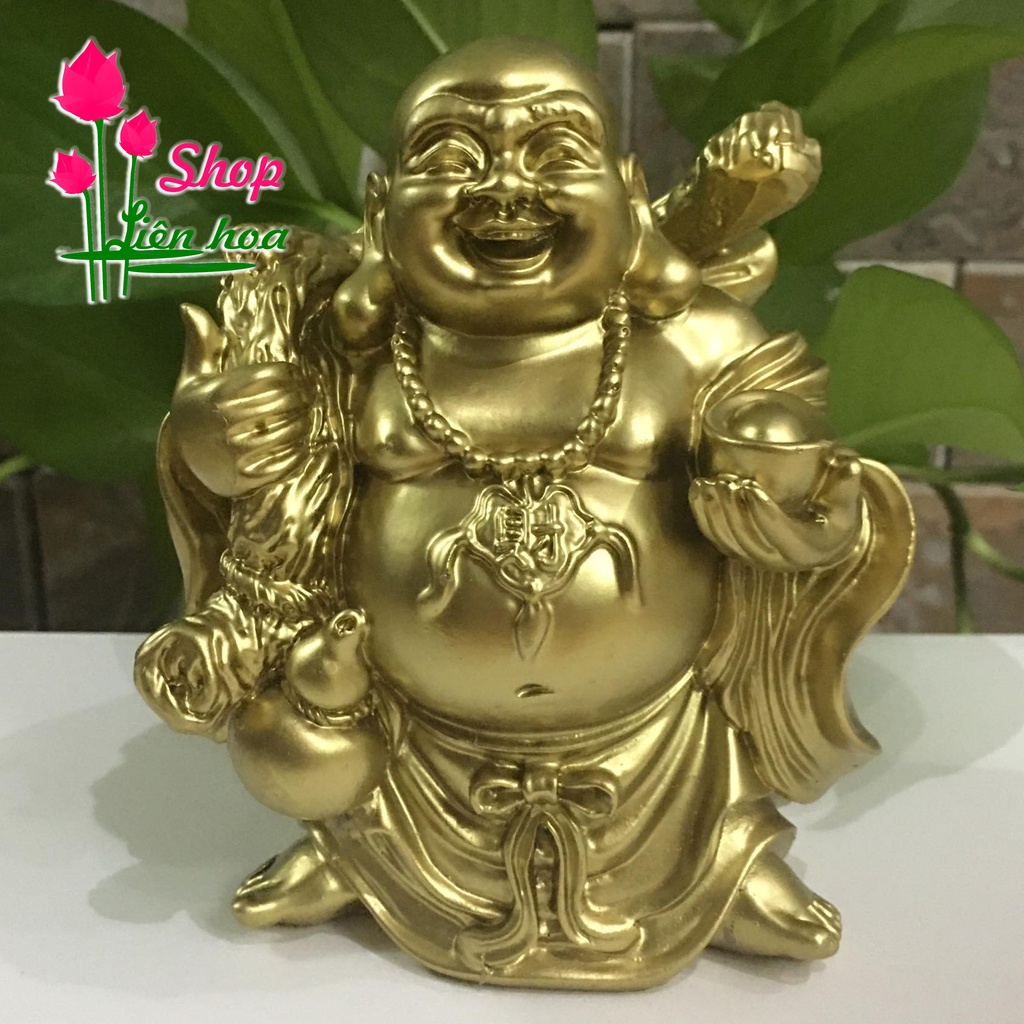 Tượng phật di lặc gánh túi vàng tài lộc, thịnh vượng và hồ lô biểu tượng của sức khỏe và trường thọ