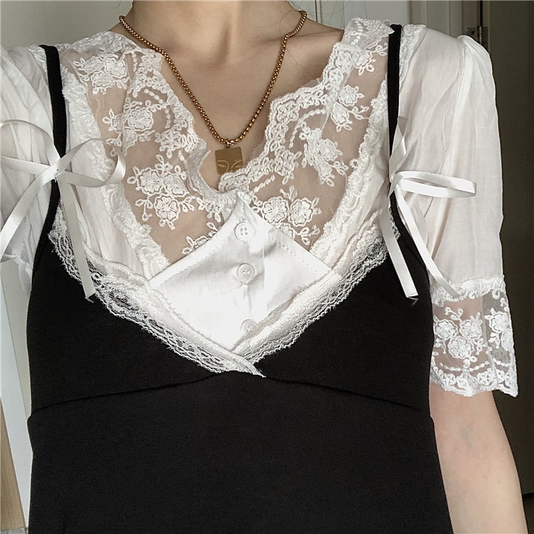 (ORDER) Set váy hai dây phối ren xẻ tà điệu đà sexy + Áo sơ mi ren trắng style Hàn Quốc (MẪU _MỚI_2020)