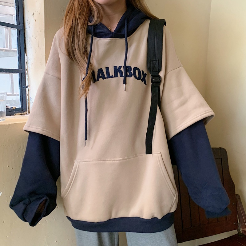 Kích Thước Lớn Áo Len Nhung Dày Áo Khoác Nữ Có Mũ Khâu Màu Xanh Và Trắng | BigBuy360 - bigbuy360.vn