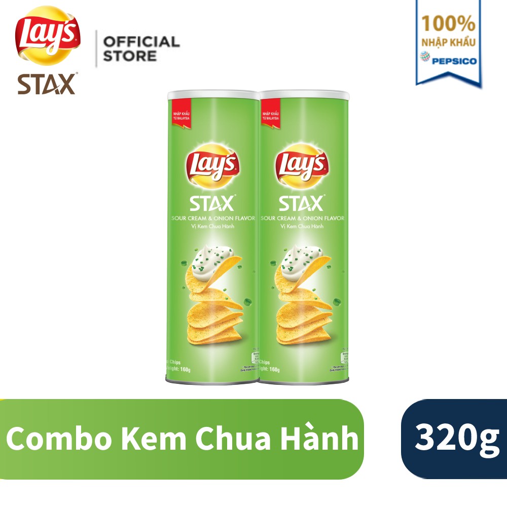 Combo 2 Bánh snack khoai tây miếng Lay's Stax Malaysia vị kem chua hành tây 160g/hộp