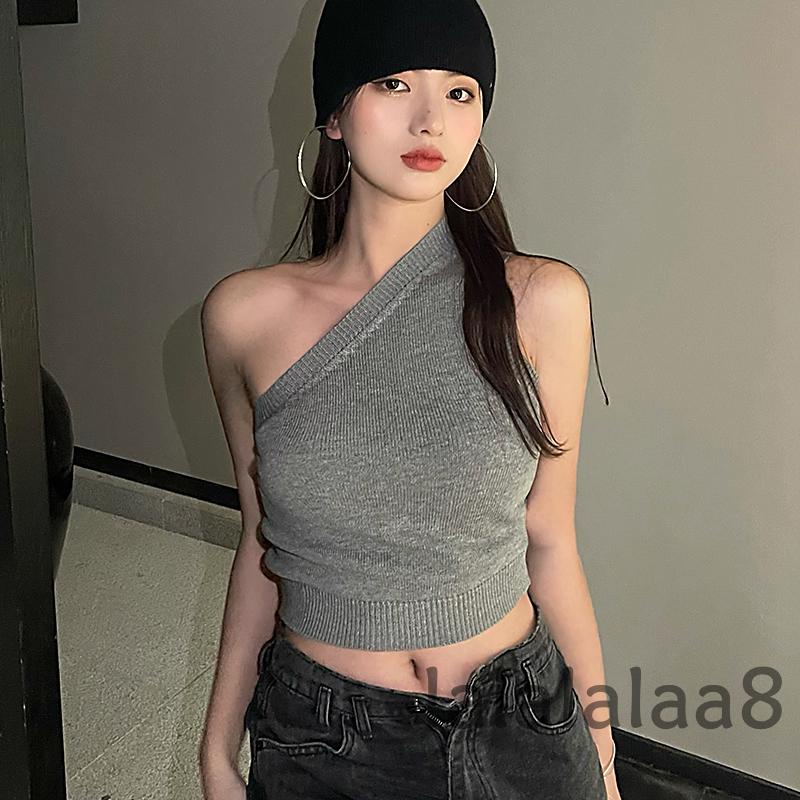 Áo Croptop Dệt Kim Hở Một Bên Vai Màu Trơn Thời Trang Dành Cho Nữ