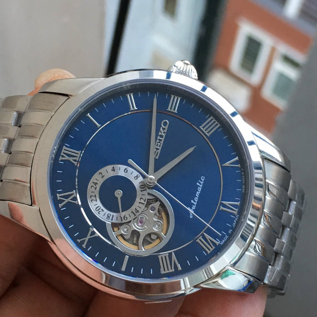Đồng hồ nam seiko 5 mặt cơ lộ cơ ,lộ đáy mầu xanh blu