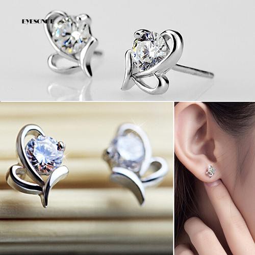 ♟Bông Tai Mạ BạC 925 HìNh Tim ĐíNh Đá Xinh XắN