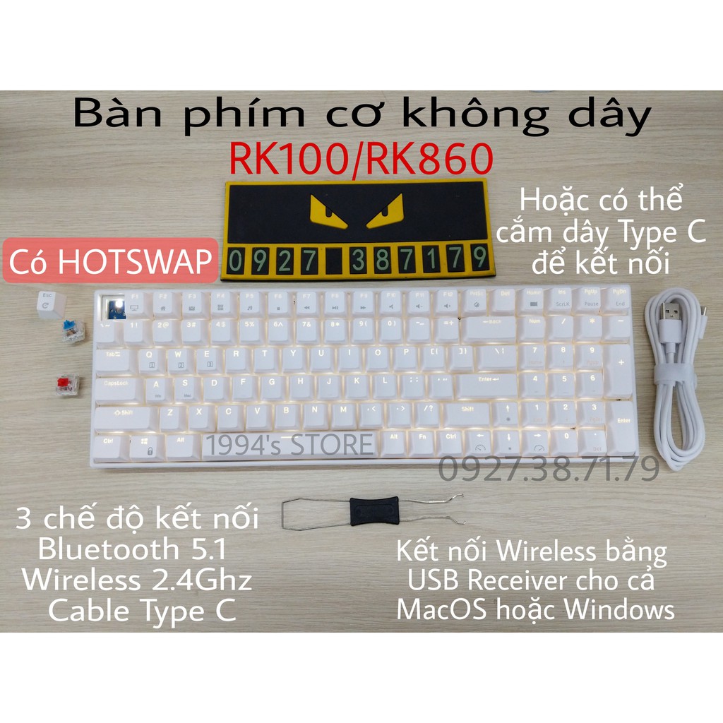 RK860 Version 4 HOTSWAP - Bàn phím cơ không dây RK100 RK860 Bluetooth 5.1 + Wireless 2.4G + Type C + Phần mềm để Custom