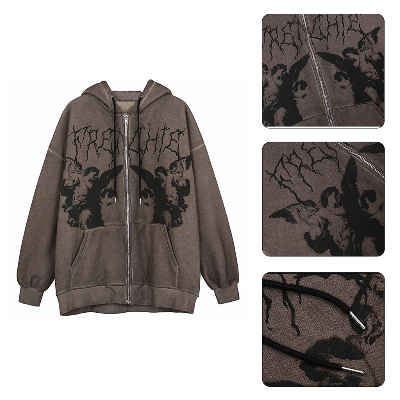 Áo khoác hoodie tay dài dáng rộng in hình thiên thần phong cách punk hip hop có khóa kéo thời trang mùa thu dành cho nữ