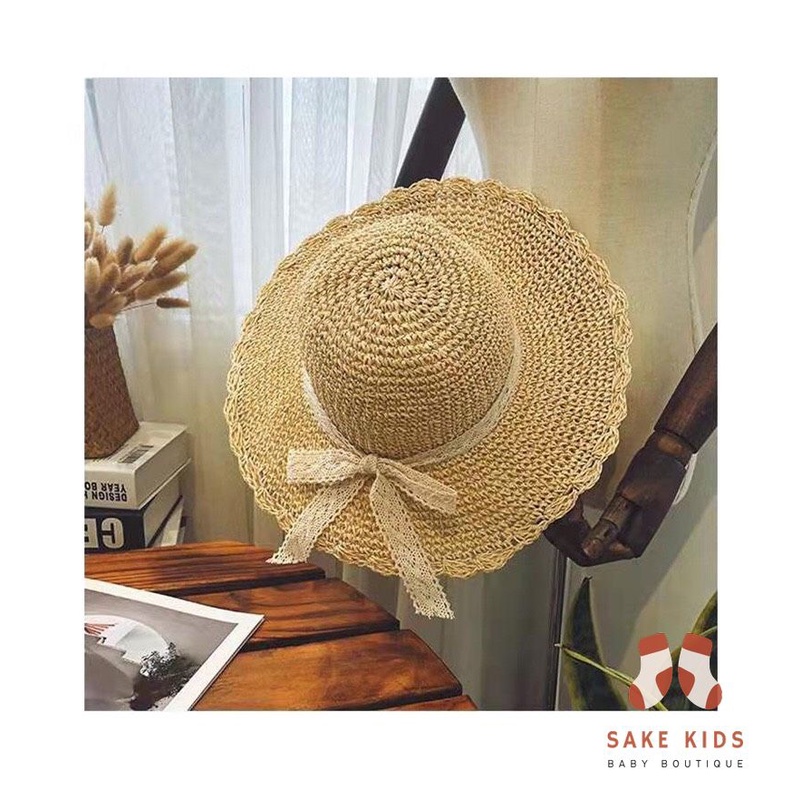 Mũ cói cho mẹ và bé, Set 2 mũ cói Viền Bèo phối dây ren cực điệu mùa hè đi biển phong cách Hàn Quốc mới nhất