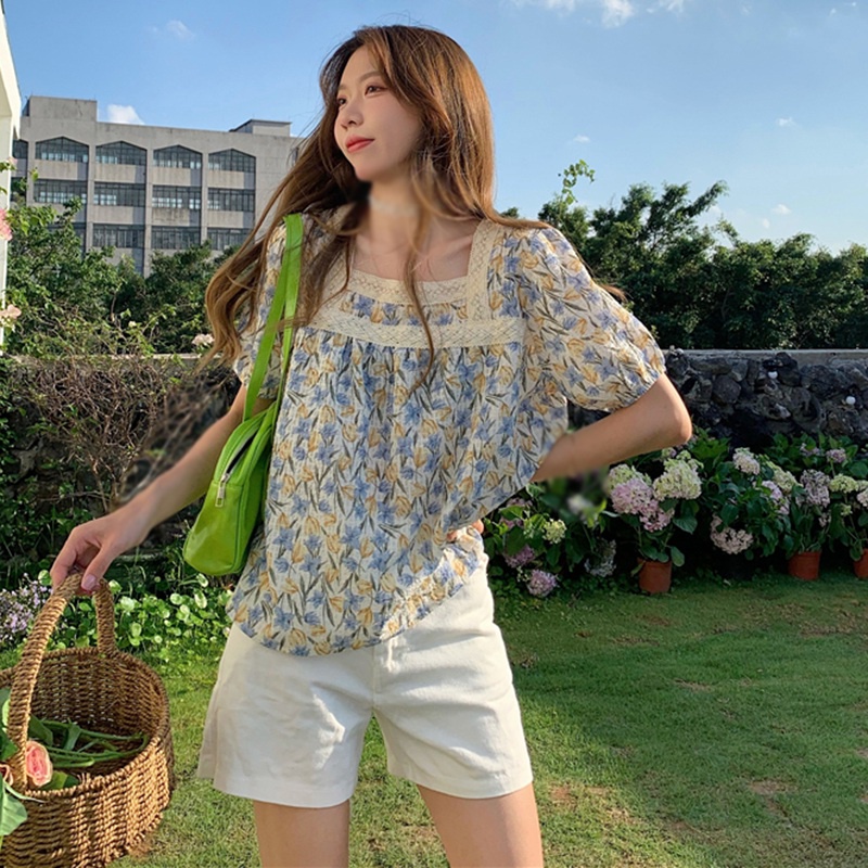 Áo Chiffon Tay Ngắn Cổ Vuông Phối Ren In Họa Tiết Hoa Phong Cách Hàn Quốc Thời Trang Cho Nữ