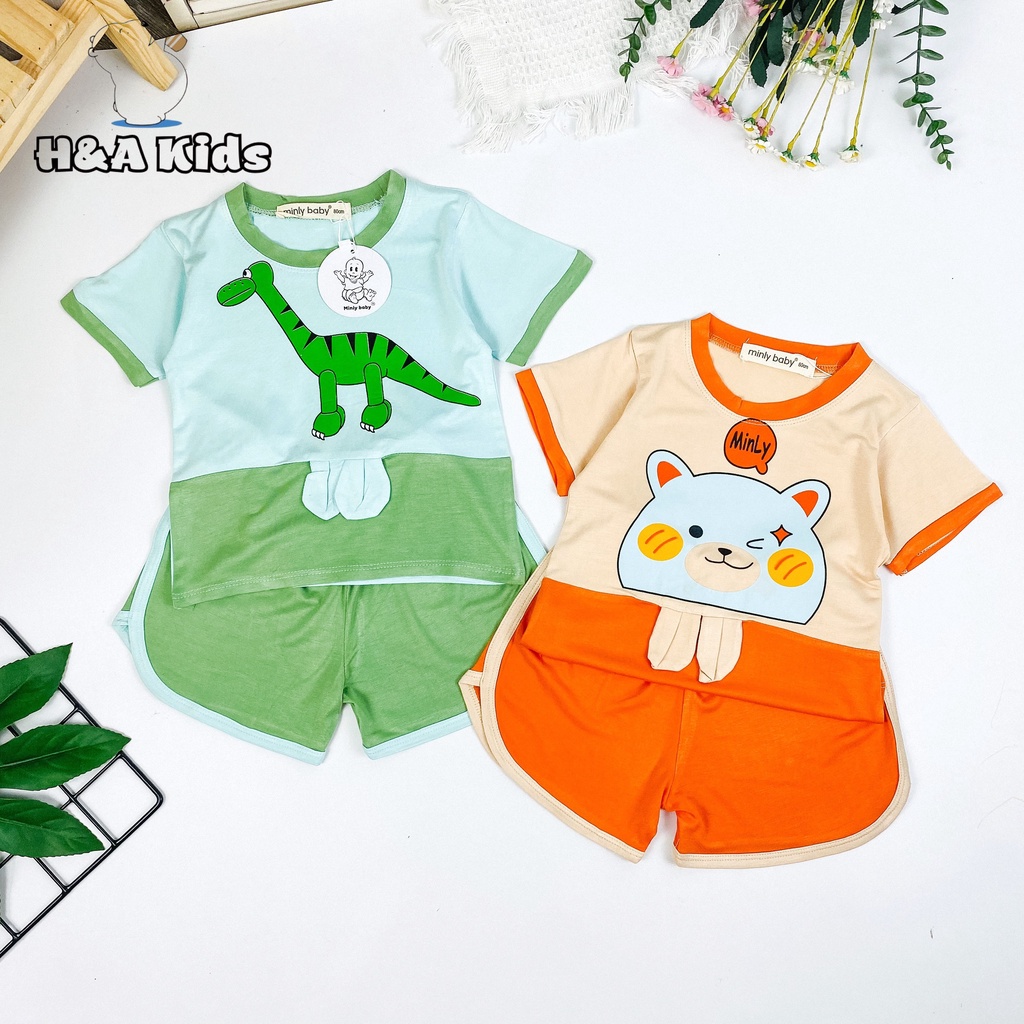 [Bé 20-33kg] Bộ ngắn tay thun lạnh in hình phối taI thỏ thật cho bé trai bé gái từ 20-33kg