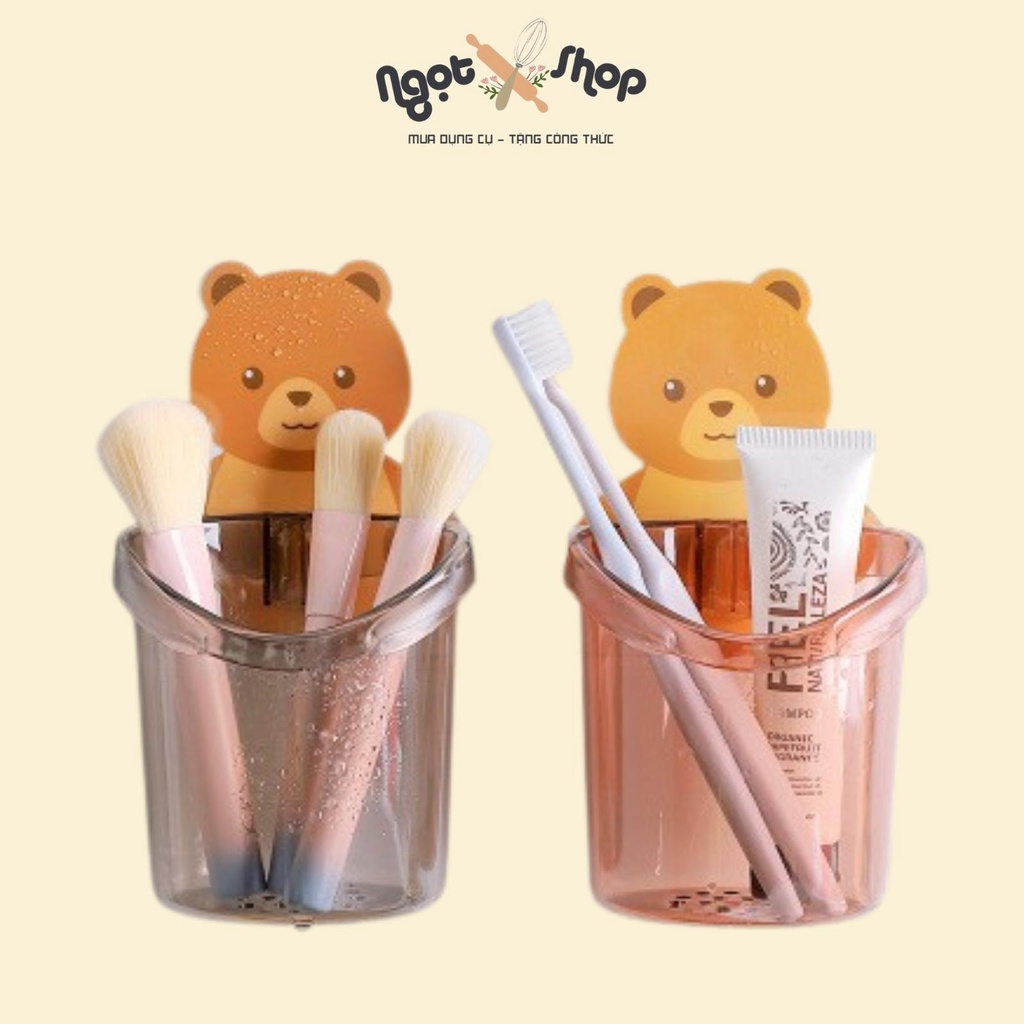 Cốc để bàn chải đánh răng hình chú gấu dán tường, có lỗ thoát nước tiện lợi