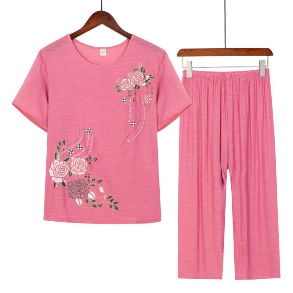 Bộ Đồ Hai Mảnh Áo Cotton + Quần Rộng In Hình Dành Cho Phụ Nữ Lớn Tuổi