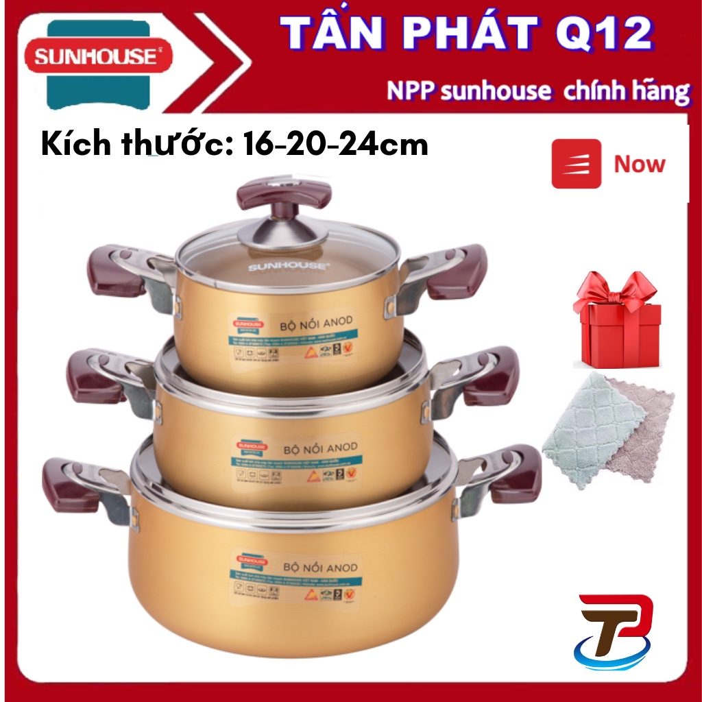 Bộ nồi nhôm ANOD sunhouse SH6634 (TẶNG 1 KHĂN LAU)