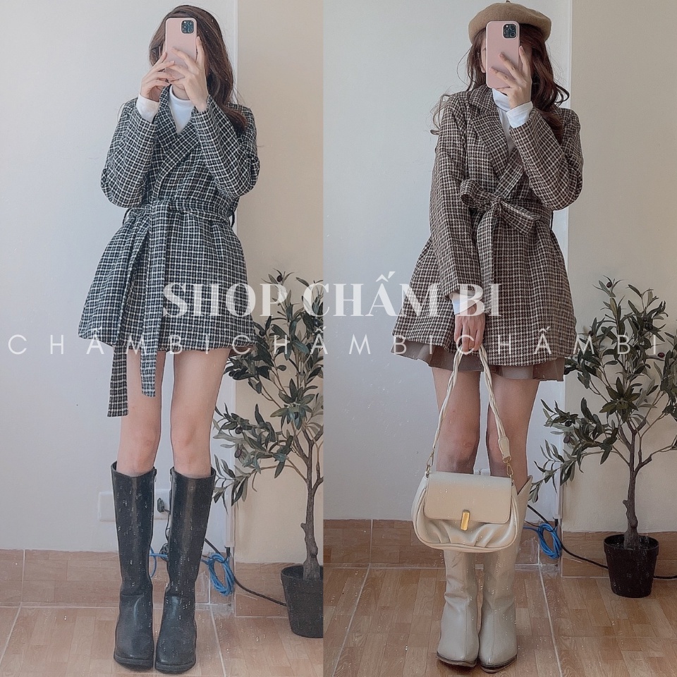 Áo khoác kiểu nữ A.274, Áo khoác dạ kẻ caro cổ vest 2 màu thắt đai eo tiểu thư