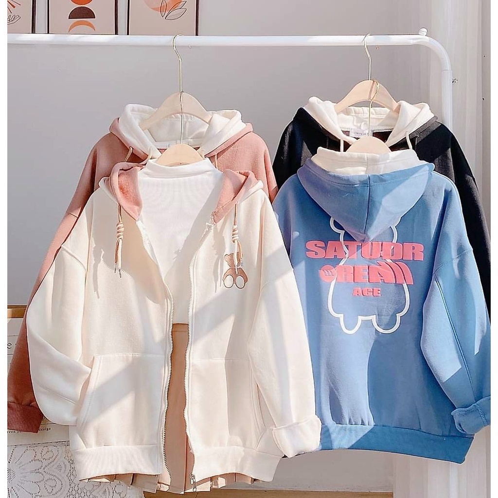 Áo Khoác Nỉ Khoá Kéo Hình Gấu Unisex Mặc Ấm, Áo KHOÁC NỈ thêu Gấu CHẤt nỉ cotton dày dặn có lót lông