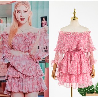 rose blackpink Đầm Trễ Vai Phối Bèo Hoạ Tiết Hoa Hồng
