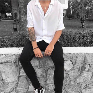 Áo sơ mi Đen Trắng Cổ Vest ngắn tay form rộng unisex - Áo sơ mi nam nữ Form rộng ngắn tay co giãn phong cách Ulzzang | BigBuy360 - bigbuy360.vn