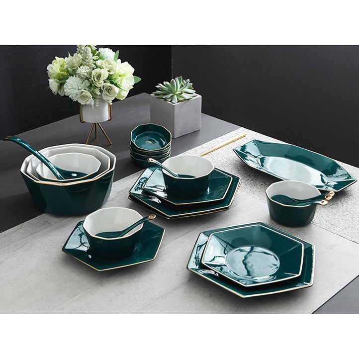 (BÁN LẺ ) SET CHÉN ĐĨA LỤC GIÁC PHONG CÁCH BẮC ÂU MÀU XANH CỔ VỊT GỐM SỨ TRÁNG MEN
