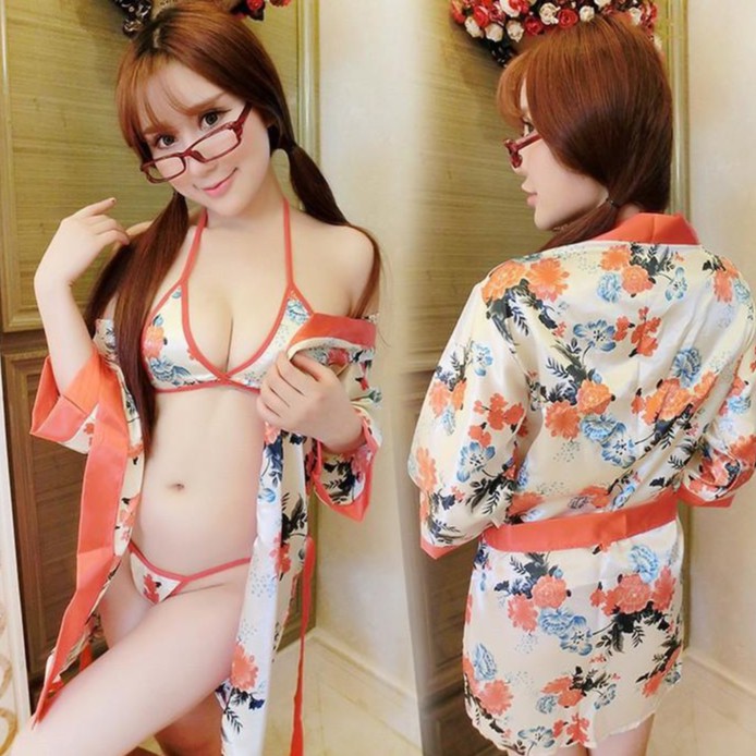 Bộ Áo Choàng Ngủ Kimono Hoa Cam Phong Cách Nhật 1315 Siêu Quyến Rũ ( Sét gồm 01 Áo choàng +01 Đai thắt + 01 Bộ bikini )