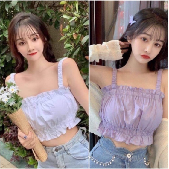 Áo 2 Dây Bo Chun Bèo Nhún Kiểu Dáng Croptop Freesize&lt;50kg - CKA.048