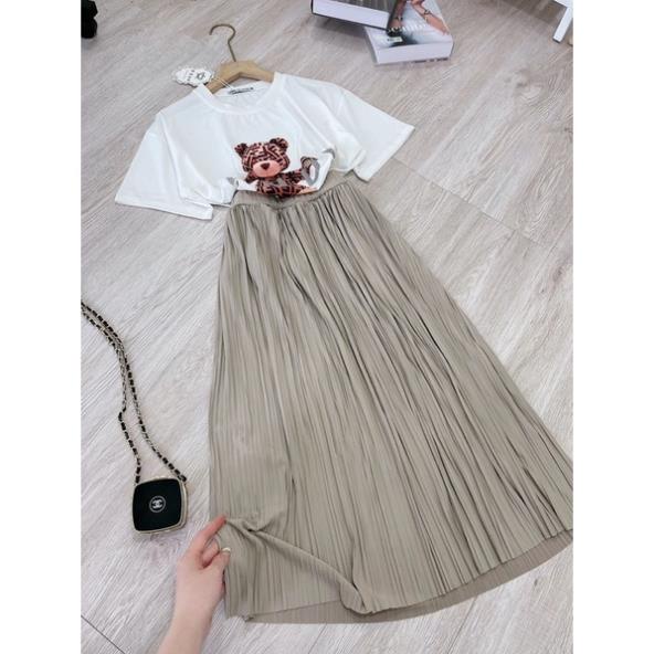 [ 𝐅𝐑𝐄𝐄 𝐒𝐇𝐈𝐏 ] SET ÁO PHÔNG GẤU MIX CHÂN VÁY DẬP LY DÁNG DÀI SIÊU XINH