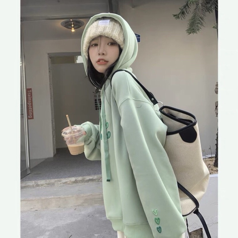 Áo hoodie mint icon tim xanh Unisex  Sweater nỉ form rộng tay phồng mũ 2 lớp kiểu dáng nổi bật hàn quốc Jolie