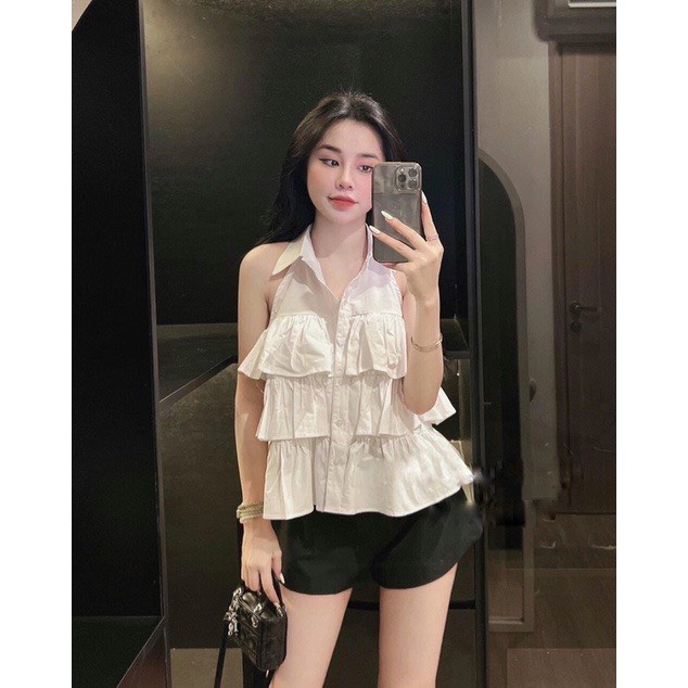 Áo sơ mi nữ sát nách bèo 3 tầng chất thô mềm- sơ mi babydoll cổ yếm màu trắng/xanh//nâu phong cách hàn quốc