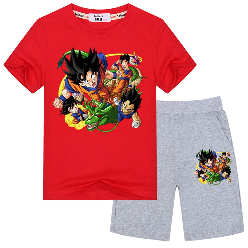 Bộ Áo Thun Ngắn Tay In Hoạt Hình Dragon Ball + Quần Short Cho Bé Trai