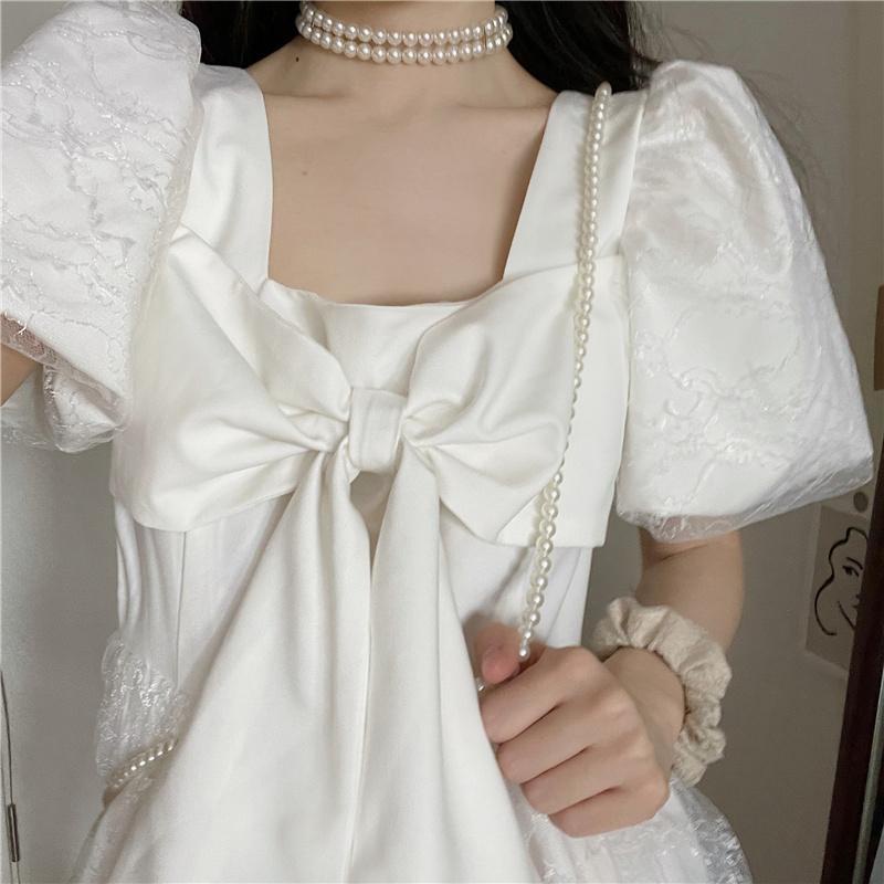 Đầm Cổ Vuông Tay Ngắn Phối Lưới Thời Trang Mùa Hè 2022 Mới Cho Nữ