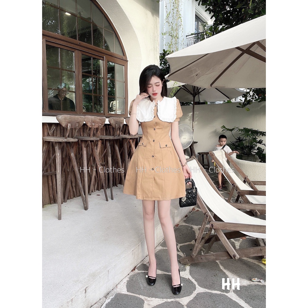 [Ảnh thật/Sẵn] Váy phối cổ trắng viền bèo cúc ngọc dáng xòe ulzzang