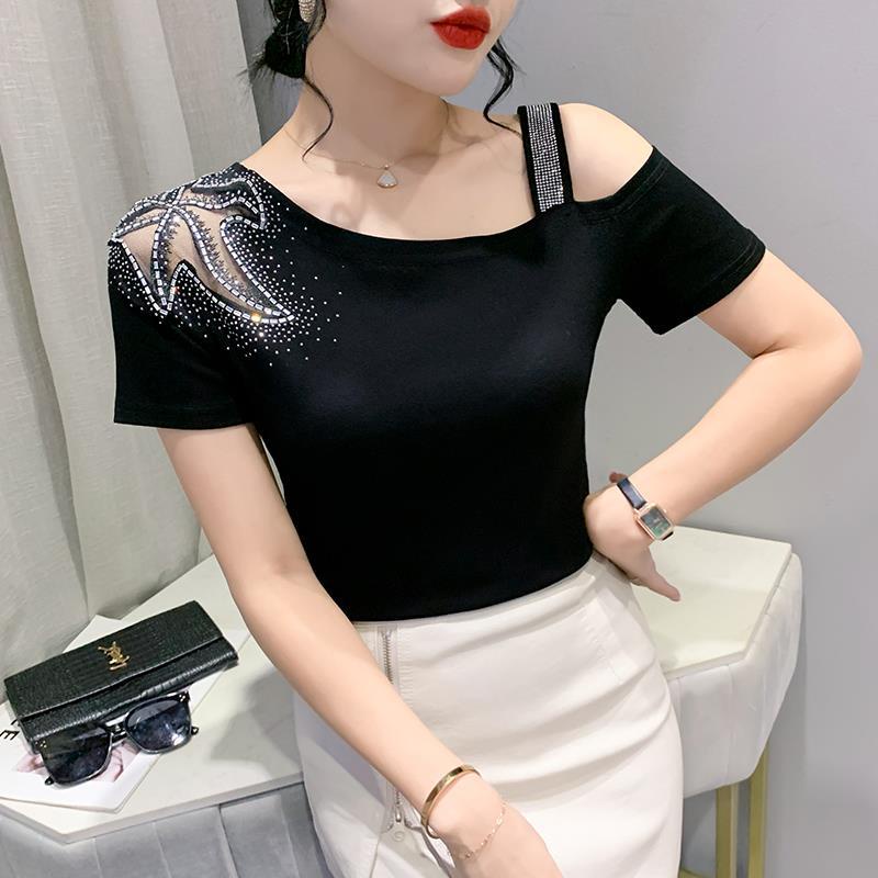 Áo Thun KhoéT Vai ĐíNh Đá Sang TrọNg áo kiểu trễ vai áo lưới dài tay