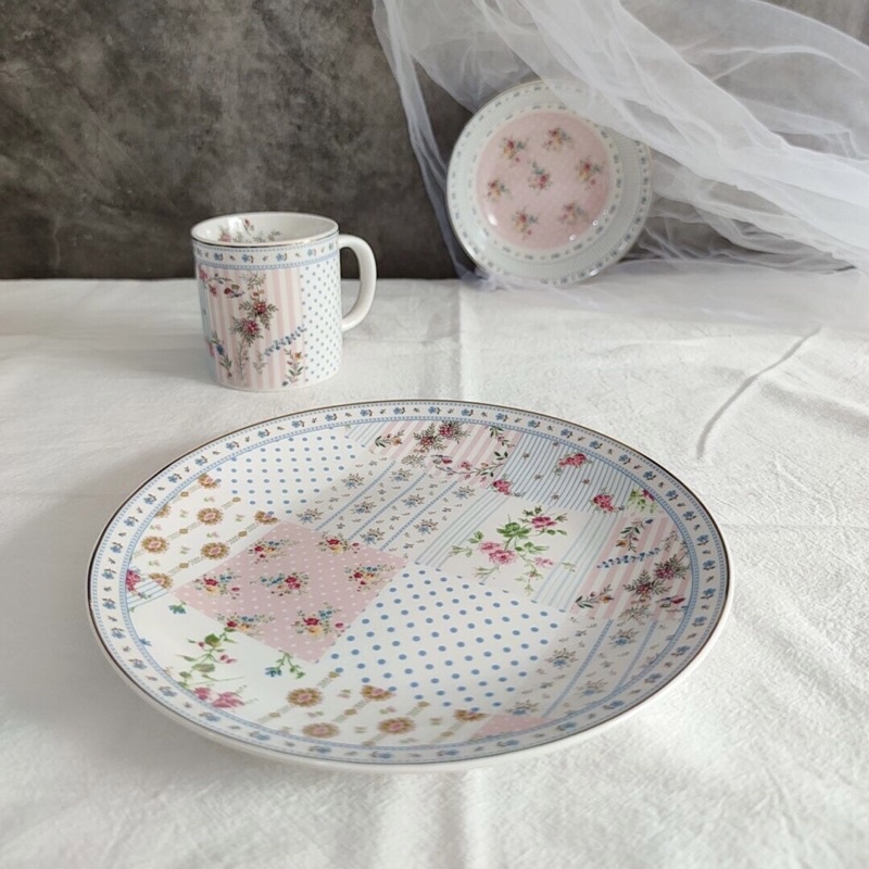 Set bát tách đĩa gốm hoạ tiết hoa vintage mix ô