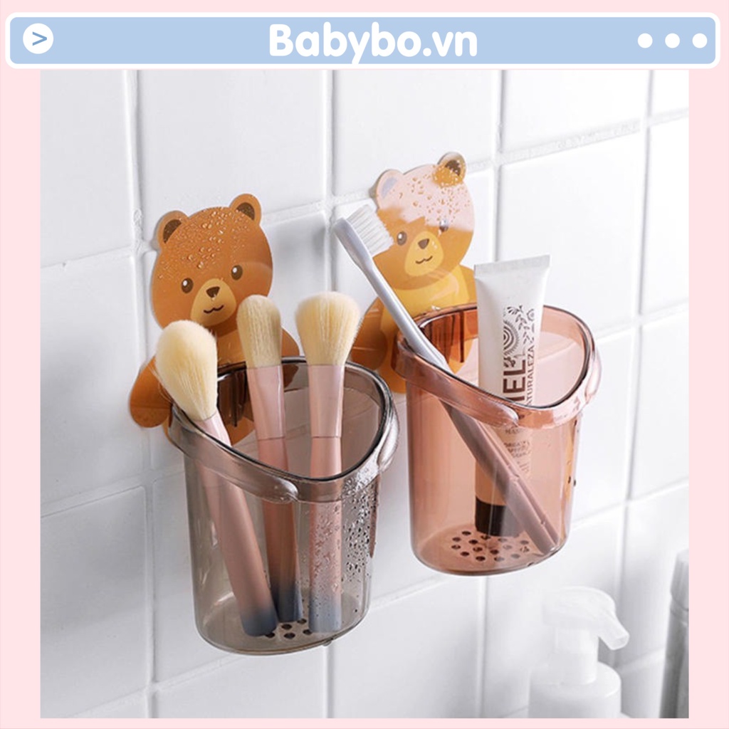 Cốc dán tường để bàn chải và kem đánh răng hình gấu có lỗ thoát nước tiện lợi