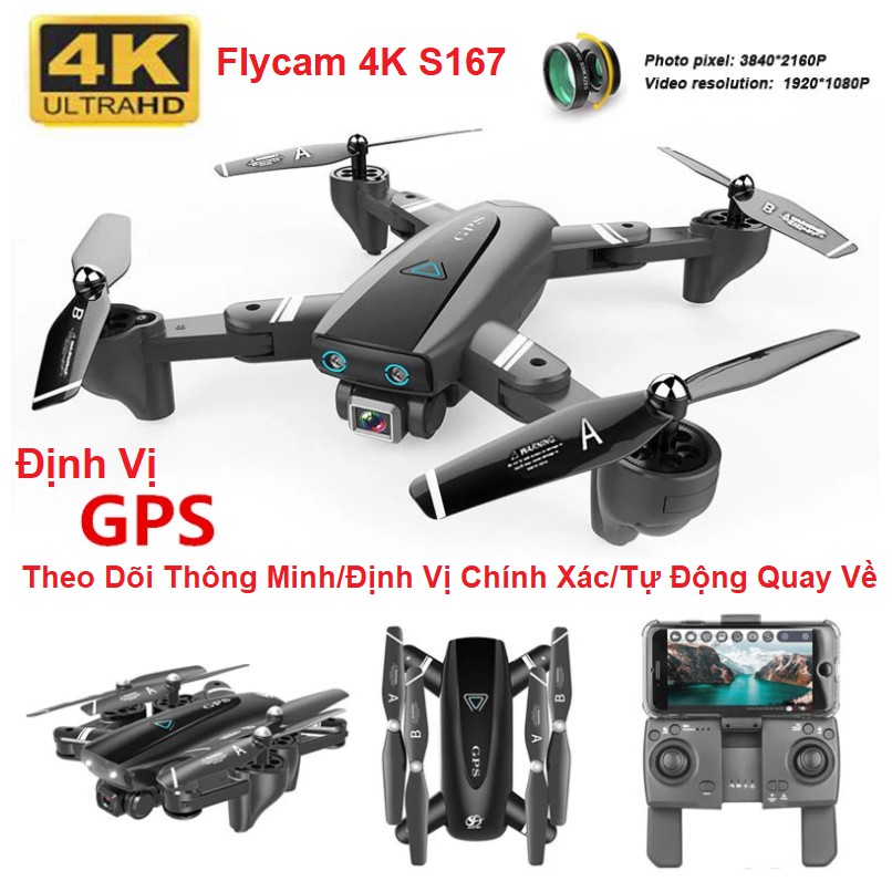 Siêu phẩm Flycam S167 - Quay Phim 4K - Định Vị GPS - Kết Nối Wifi Với Điện Thoại - Pin Dung Lượng Cao 1300 mAh