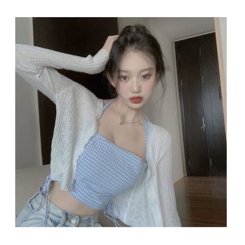 SET ÁO CROPTOP CARO XANH RÚT DÂY HÔNG KÈM ÁO KHOÁC TRẮNG