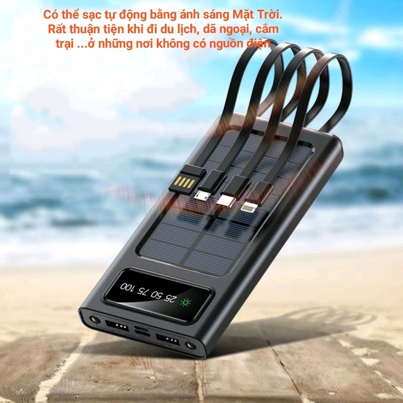 Pin Sạc Dự Phòng Năng Lượng Mặt Trời  20000 mAh Tích Hợp 4 Dây Cáp Sạc