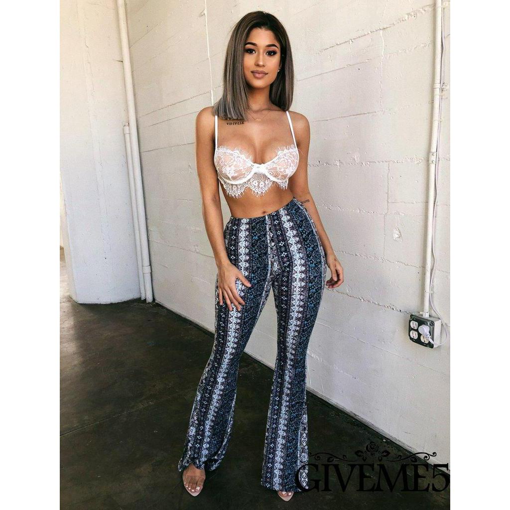 Quần Ống Loe Lưng Cao In Họa Tiết Phong Cách Boho Cho Nữ