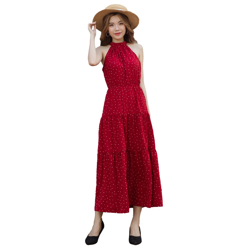 Đầm Maxi Nữ Vải Lụa Chấm Bi Cổ Yếm 46-64 kg - MEEJENA - 3833