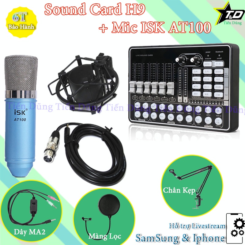 Bộ livestream sound card h9 mic isk AT100 chính hãng đi kèm chân màng dây livestream MA2- bộ mic thu âm và karaoke