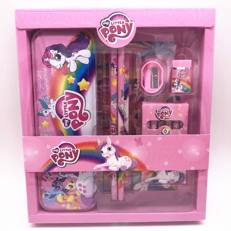 Set đồ dùng học tập 7 món , hộp bút thước kẻ bút màu bút chì cho bé Người nhện Elsa Mickey Pony
